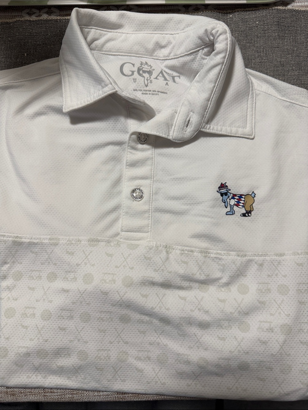 Goat USA White Men’s Polo with Embroidered Goat Motif